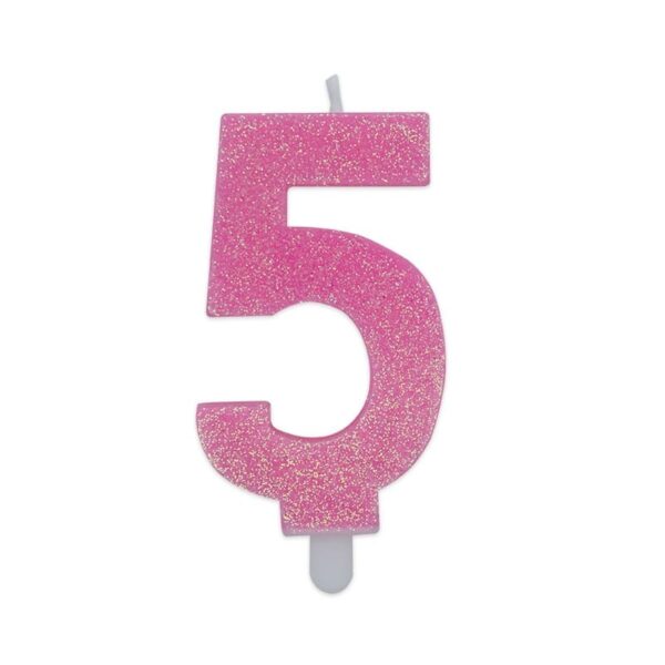 BIG PARTY: Candelina per torta glitterata rosa Cm. 9 - Nr. 5