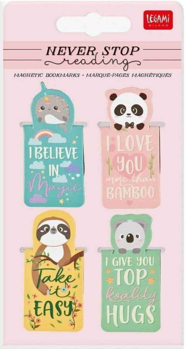 Set of 4 magnetic bookmarks - never stop reading - animals